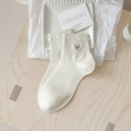 White cotton socks with cute bear embroidery and ruffled cuffs for women - One Size / Cream