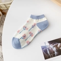 Chaussettes basses en coton bleu et beige avec motif de tulipes roses pour femmes - Bleu Blanc Patchwork Tulipe (Une Paire)