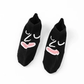 Funny cartoon character ankle socks in black with knit pink lips expression pattern - Black