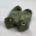 Green low-cut cotton socks featuring cute animal embroidery and non-slip heel design - One Size / Green