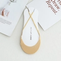 Invisible beige slingback socks with breathable mesh toes on foot model card - One Size / Turmeric