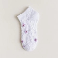 White floral mesh boat socks featuring delicate 3D flowers and purple embroidery - One Size / White