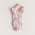 Pink low cut invisible socks with white floral jacquard and small blue flowers - One Size / Pink