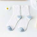White cotton mid-calf socks with blue heels and delicate floral lace mesh patterns - White Diamond Hollow