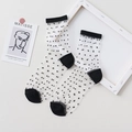 Sheer white mesh socks with black velvet polka dots featuring reinforced toes and heels - Black Spotted