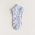 Light blue summer mesh boat socks with pink floral embroidery and 3D textured patterns - One Size / Blue
