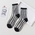 Thin black checkered sheer mid-calf socks with reinforced heel and toe for women - Black Plaid