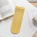 Light yellow lace mesh mid-calf socks with floral cutouts and ruffled edges - One Size (37-41) / Turmeric