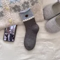Morandi grey wool socks with butterfly bow and stylish button detail for women - One Size / Button Decor Style