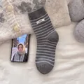 Gray wool crew socks with blue stripes and egg label for a cozy Korean style look - One Size / Label Striped Style