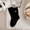 Gemütliche schwarze Kaschmirsocken mit weißen Punkten und süßer Hunde-Stickerei - Schwarz