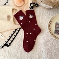 Calze spesse in lana bordeaux con pois bianchi e design jacquard di un cucciolo - Stile Cane a Pois (YJ25081)