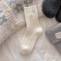 Cremeweiße Wollsocken mit hellblauer Schleife und gerippter Strickstruktur - Milchweiß (1 Paar)