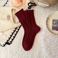 Thick wine red cable-knit wool socks featuring white scalloped lace trim and soft texture - Cable Knit (YJ25081) / 1 Pair