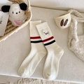 Cream ribbed crew socks featuring classic stripes and cute cartoon dachshund embroidery - Cream White Stripes Dog Embroidery (1 Pair)