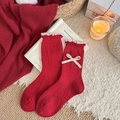 Red wool mid-calf socks with white ruffle lace trim and decorative bows for winter - Lace Edge Bow (Bright Red)