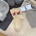 Beigefarbene Wollsocken mit bunten Punkten und Cartoon-Hundestickerei für Damen - Gebrochenes Weiß