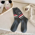 Dark gray knitted crew socks featuring cute puppy embroidery and red white striped cuffs - Grey Stripes Dog Embroidery (1 Pair)