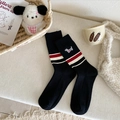 Ribbed black mid-calf socks with embroidered sausage dog and striped cuffs detail - Black Stripes Dog Embroidery (1 Pair)