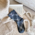 Dark grey plaid socks with embroidered dachshund puppy and red white blue striped details - Argyle Dog Embroidery with Tag (1 Pair)