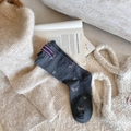 Dark gray crew socks with white puppy heart pattern and red white blue striped tag - Scalloped Edge All-over Dog with Tag (1 Pair)
