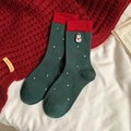 Green Christmas mid-calf socks with colorful polka dots and cute cat snowman embroidery - Green Embroidery