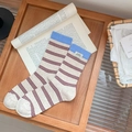 Mid-calf cotton socks in beige with red stripes and a light blue ribbed cuff detail - One Size / Deep Blue Top/Cream-Red Stripes