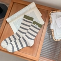 Striped cotton crew socks in cream with green rib cuffs and chic sweet label detail - One Size / Army Green Top/Cream-Black Stripes