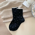 Thick wool socks in black with white heart jacquard and delicate ruffle trim design - Black