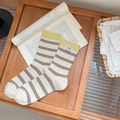 Cozy cream cotton mid-calf socks with brown stripes and bright yellow ribbed cuffs - One Size / Yellow Top/Cream-Coffee Stripes
