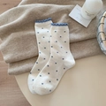 Thick winter wool socks in white with blue heart patterns and lettuce trim detail - White