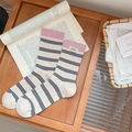 Striped mid-calf knit socks in cream with pink ribbed cuffs and sweet label detail - One Size / Pink Top/Cream-Blue Stripes