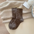 Thick coffee brown wool socks with yellow heart patterns and scalloped cuffs - Coffee
