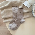 Beige winter wool crew socks with coffee heart pattern and dark brown ruffled cuffs - One Size / Milk Tea