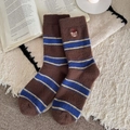 Calze spesse marroni a righe con ricamo di orsetto peluche calde per donna - Taglia unica / caffè