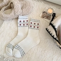Calze rétro in lana Fair Isle color crema con ricamo floreale rosso per un look invernale - Taglia unica / Bianco