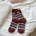 Winter striped faux mink fur socks in brown and blue with a cute cat label - One Size / Coffee