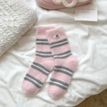 Pink and grey striped mink velvet socks with cat label for women's winter home wear - One Size / Light Pink