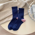 Winter wool socks in navy blue with pink heel contrast and thick ribbed knit texture - One Size / Contrast Pink (M5165) / Denim Blue