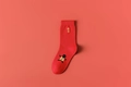 Red cotton mid-calf socks with yellow embroidery and festive lucky characters - Smooth