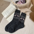 Dark grey wool socks with pink reindeer knit pattern for warm winter outfits - One Size / Dark Gray