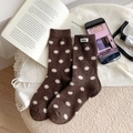 Thick warm dark coffee knit crew socks with white polka dots and nice label detail - One Size / Coffee