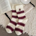 Striped warm winter socks in beige and dark red with cute teddy bear embroidery - One Size / White Red