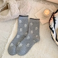 Grey cashmere socks with white daisy floral patterns and black wavy lettuce trim cuffs - One Size / Medium Grey
