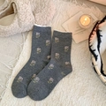 Dark grey cashmere blend mid-calf socks with floral embroidery and white ruffled cuffs - One Size / Dark Gray