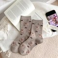 Gemütliche japanische Thermo-Wollsocken für Damen mit rosa Bären- und Schleifenmustern - Einheitsgröße / Kaffeebraun