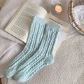 Thick mint green cable-knit socks with colorful confetti yarn for winter warmth - One Size / Light Blue