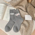 Graue Wollsocken mit weißem Bärenmuster und rosa Schleife für warme Füße - Einheitsgröße / Hellgrau
