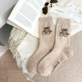 Oatmeal wool crew socks featuring a cute brown teddy bear embroidery for women - One Size / Beige