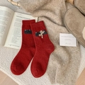 Red wool socks with bear embroidery and beige bow for cozy winter warmth - One Size / Red